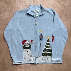 Vintage 90s Quacker Factory Cat Snowman Holiday Cardigan Sweater Zip up Blue